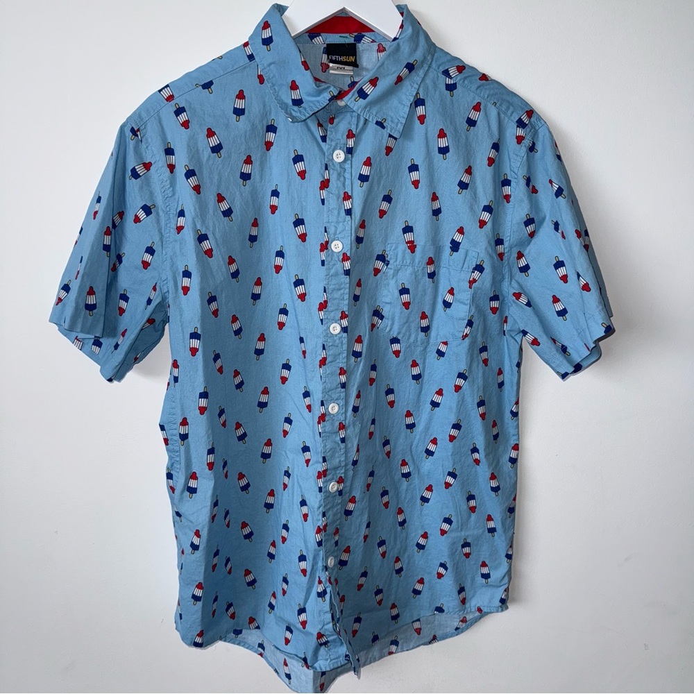 Fifth Sun Men’s Button-Up Shirt Medium – Blue Popsicle Rocket Pop Print - Cotton